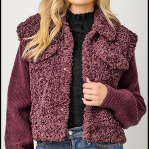 NEW WITH TAGS: Mystree burgundy soft fluffy jacket with sweater knit sleeves